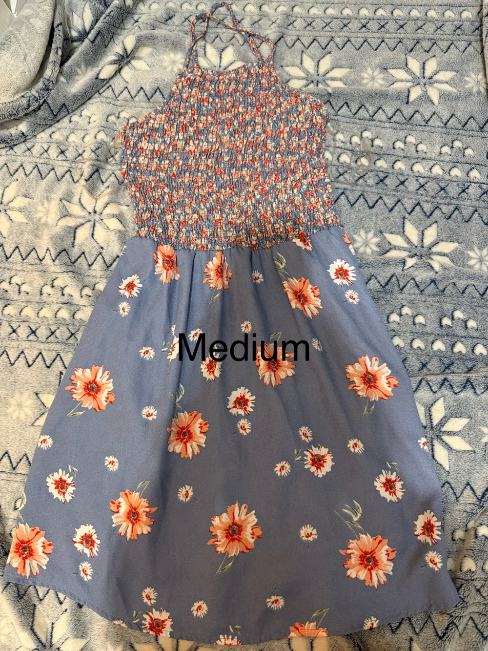 Womens Blue Floral Smocked Halter Dress